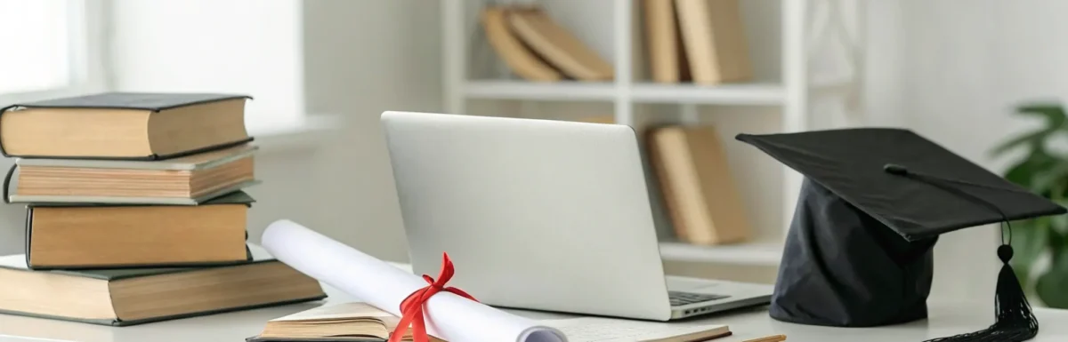 A desk with a diploma, graduation cap, and laptop for earning a CDA in education.