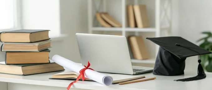 A desk with a diploma, graduation cap, and laptop for earning a CDA in education.