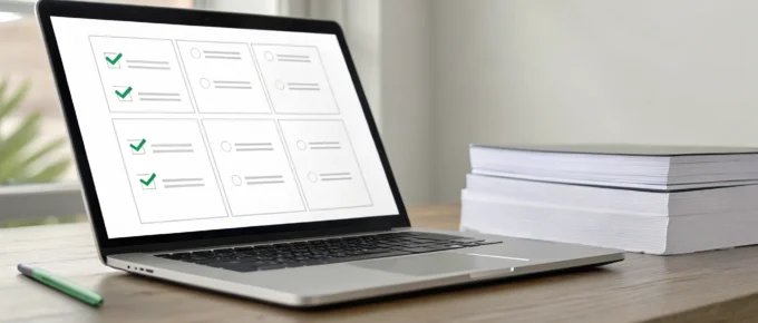 Laptop displaying a CDA renewal checklist, with books and a pen on the desk.