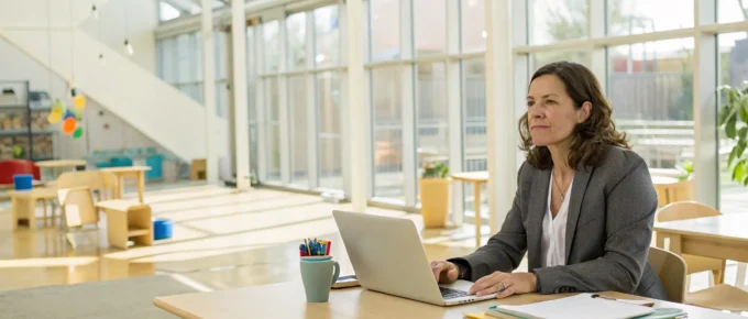 An early childhood educator works on her laptop in a classroom to earn a CDA credential.