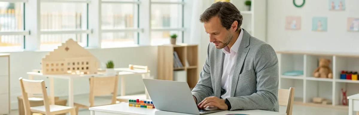 A man in a preschool classroom researches the best online CDA training on a laptop.