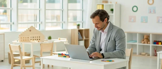 A man in a preschool classroom researches the best online CDA training on a laptop.