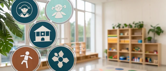 Modern daycare classroom with icons highlighting the benefits of CDA certification for staff.