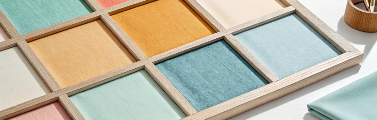 A wooden grid with 9 colorful fabric squares for CDA learning activities.
