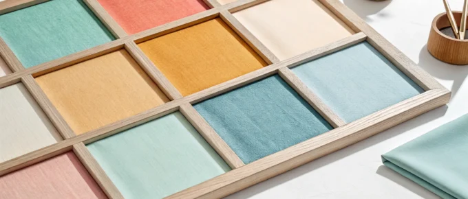 A wooden grid with 9 colorful fabric squares for CDA learning activities.
