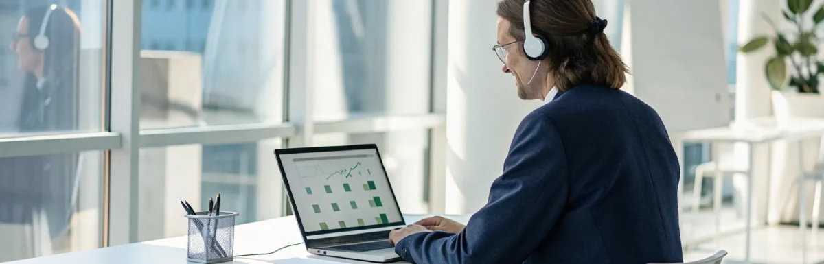 Person with headphones taking an accelerated online CDA training course on a laptop.
