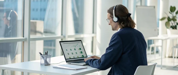 Person with headphones taking an accelerated online CDA training course on a laptop.