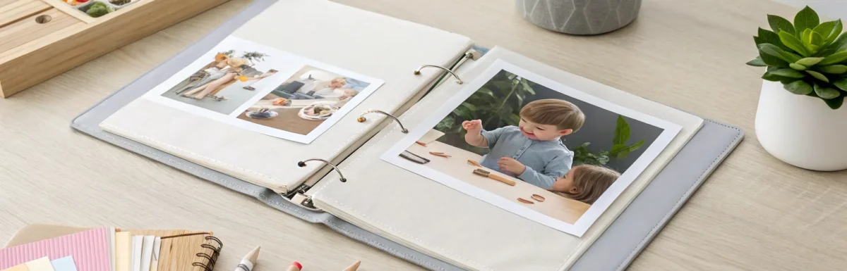 A preschool CDA portfolio being organized on a desk with photos, notes, and supplies.