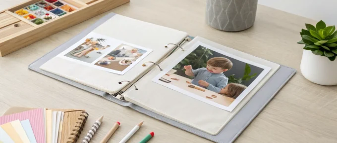 A preschool CDA portfolio being organized on a desk with photos, notes, and supplies.
