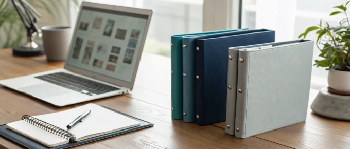 Desk with a laptop and binders used to research and buy the best CDA portfolio guide.