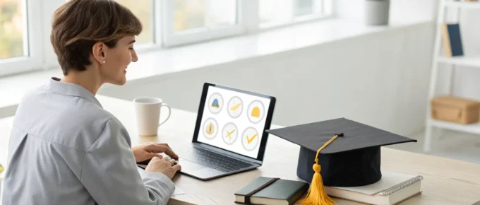 A woman studies on her laptop to complete her free CDA training.