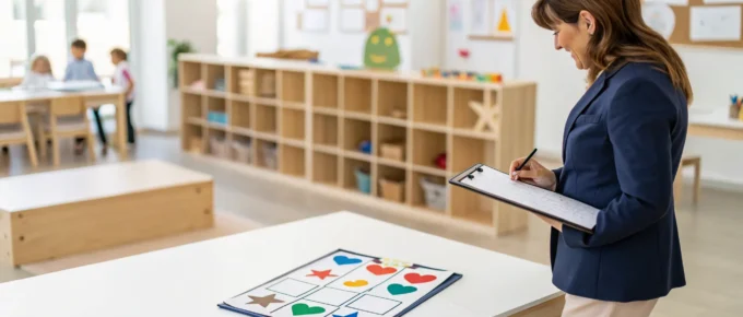 An educator reviews the CDA competency standards while observing a classroom learning activity.