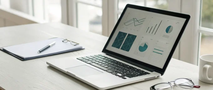 A person at a desk uses a laptop to review and buy a CDA portfolio template.