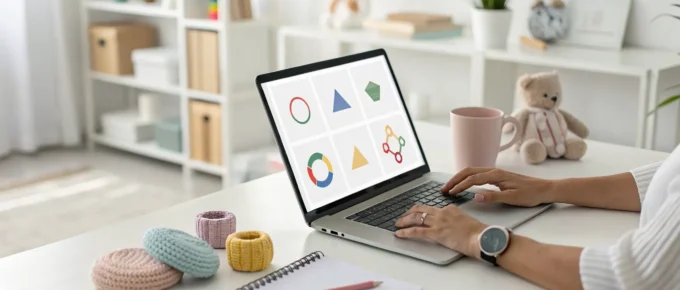 Woman at her desk with toys comparing the best online CDA training programs on a laptop.