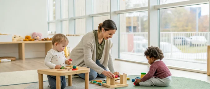 CDA for infant toddler teachers in action as a teacher plays with children in a classroom.