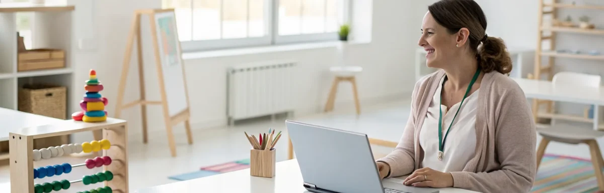 Early childhood educator on a laptop studying to earn the CDA infant toddler credential.