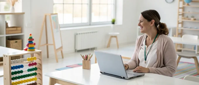 Early childhood educator on a laptop studying to earn the CDA infant toddler credential.
