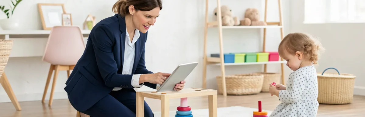 An infant toddler teacher uses a CDA practice test on a tablet to prepare for the exam.