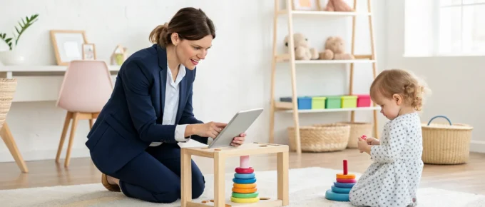 An infant toddler teacher uses a CDA practice test on a tablet to prepare for the exam.