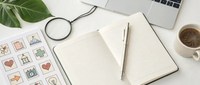 A laptop and notebook for writing the learning experiences for a CDA portfolio.