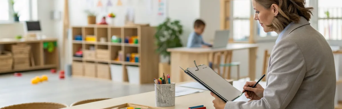 Daycare teacher organizing CDA portfolio requirements at a desk.