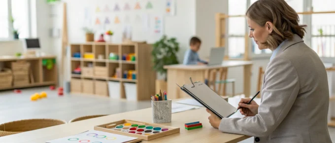 Daycare teacher organizing CDA portfolio requirements at a desk.