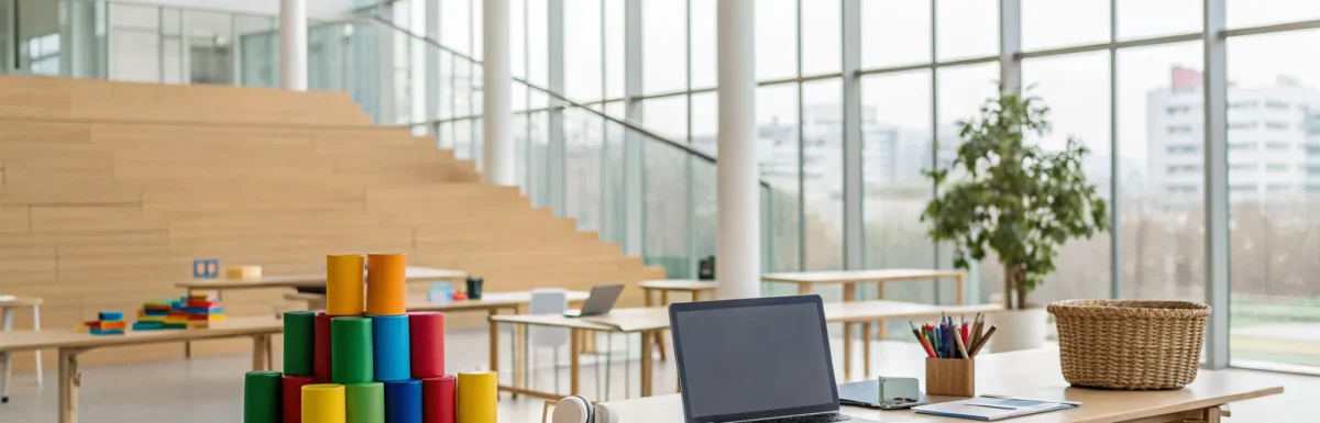 A modern classroom with a laptop and learning materials for CDA classes in New Jersey.