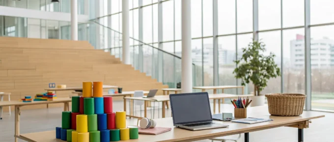 A modern classroom with a laptop and learning materials for CDA classes in New Jersey.