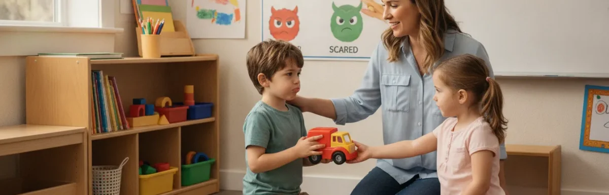 Early childhood educator guiding preschool children through a social-emotional learning activity