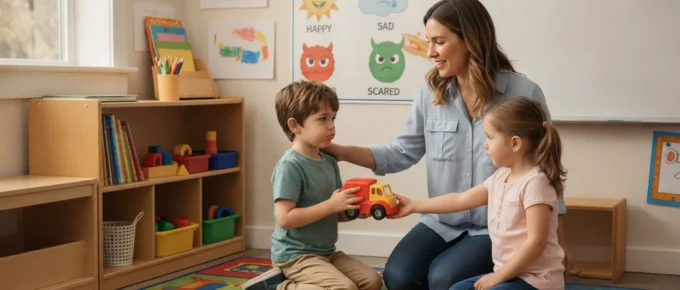 Early childhood educator guiding preschool children through a social-emotional learning activity