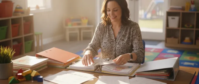 Early childhood educator organizing CDA Competency Statement 5 portfolio evidence