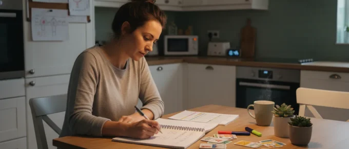 Early childhood teacher following a CDA exam study schedule at home