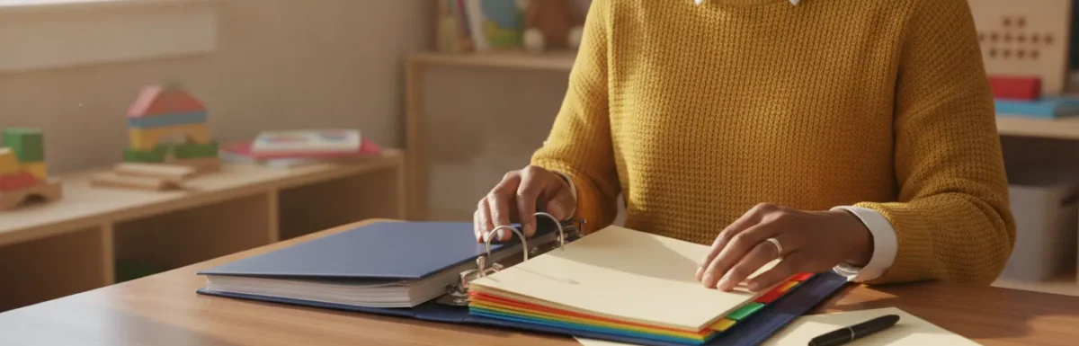 Early childhood educator organizing a CDA professional portfolio cover sheet and binder