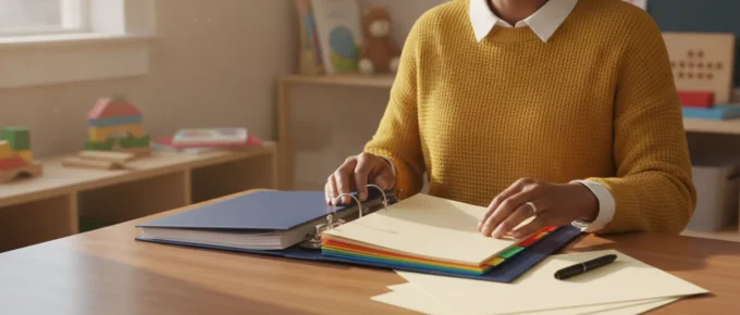 Early childhood educator organizing a CDA professional portfolio cover sheet and binder