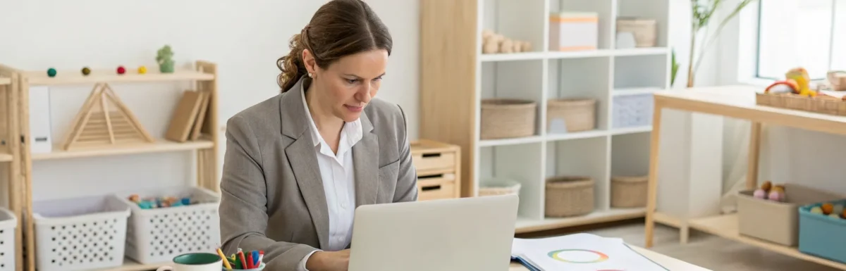 Preschool teacher taking online CDA renewal courses on a laptop.