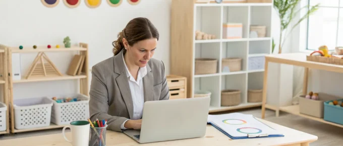 Preschool teacher taking online CDA renewal courses on a laptop.