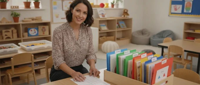 Early childhood educator organizing CDA portfolio resources