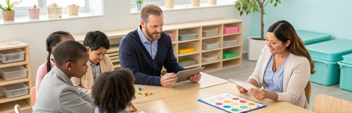 Teachers in a childcare center using digital tablets for CDA training with children.