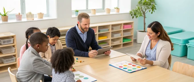 Teachers in a childcare center using digital tablets for CDA training with children.