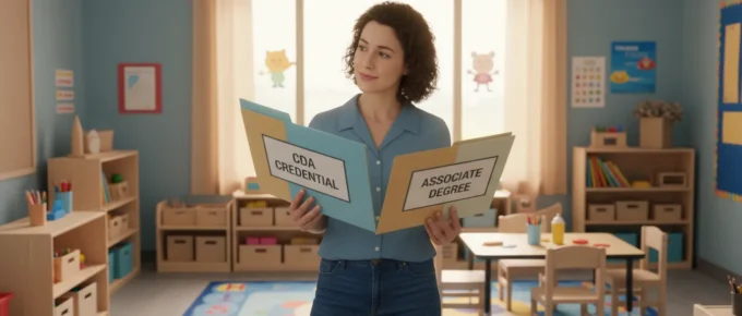 Early childhood educator comparing CDA and associate degree paths
