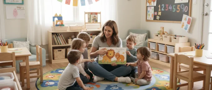 Family child care provider teaching young children while meeting family child care CDA requirements