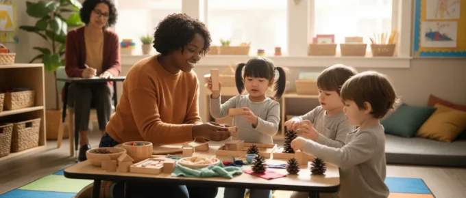 Preschool educator guiding children during a classroom observation
