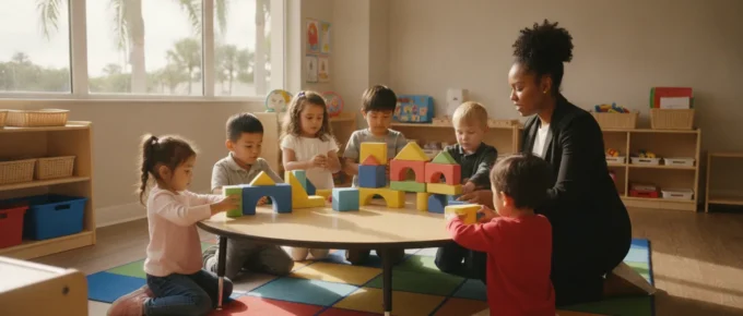 Early childhood educator working with preschool children in a bright Florida classroom