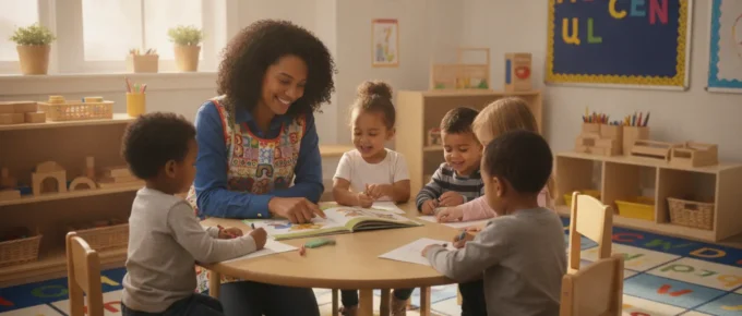 Early childhood educator working with preschool children in a Georgia daycare classroom
