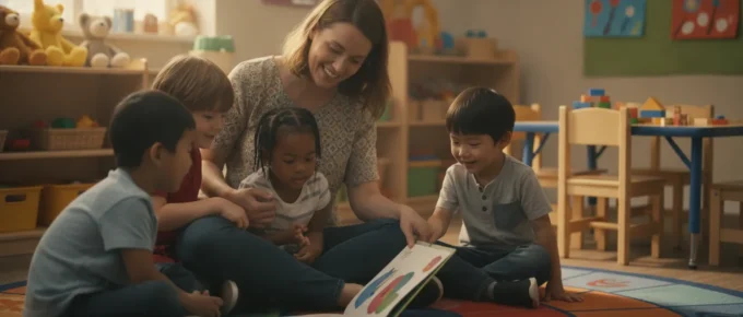 Early childhood educator reading with preschool children in a bright classroom