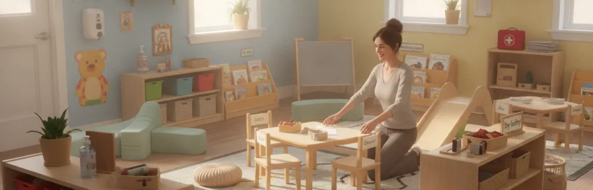 Early childhood educator arranging a safe preschool classroom with learning centers and child-safe materials
