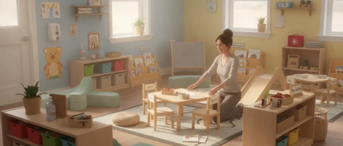 Early childhood educator arranging a safe preschool classroom with learning centers and child-safe materials