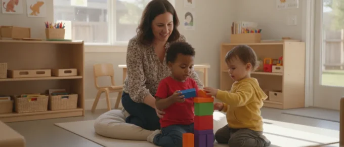A preschool teacher working on professional development materials