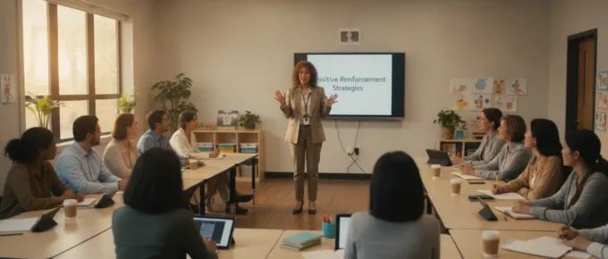 Childcare center director leading a professional training session of preschool teachers