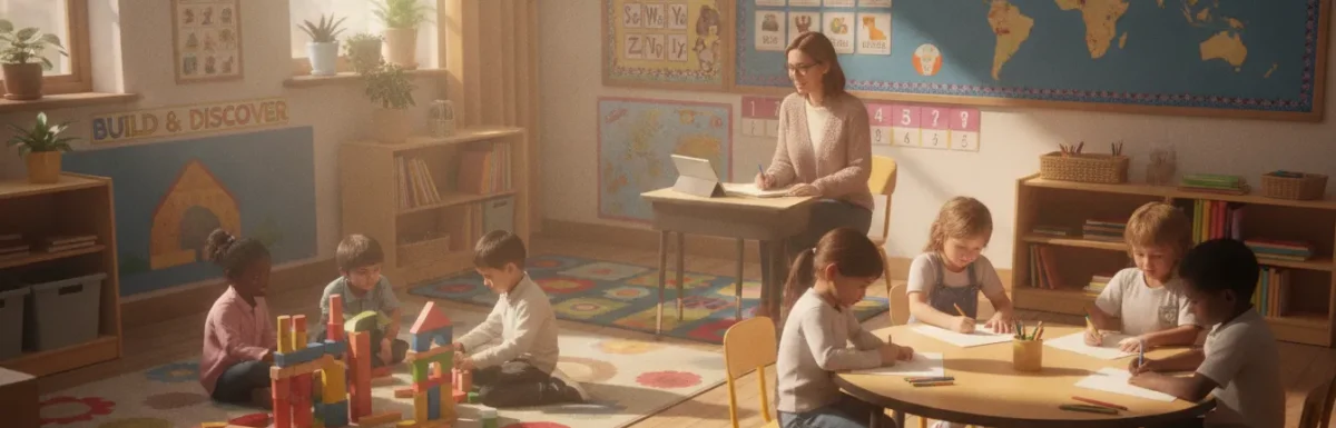 Preschool teacher observing children at different learning stations in a bright classroom